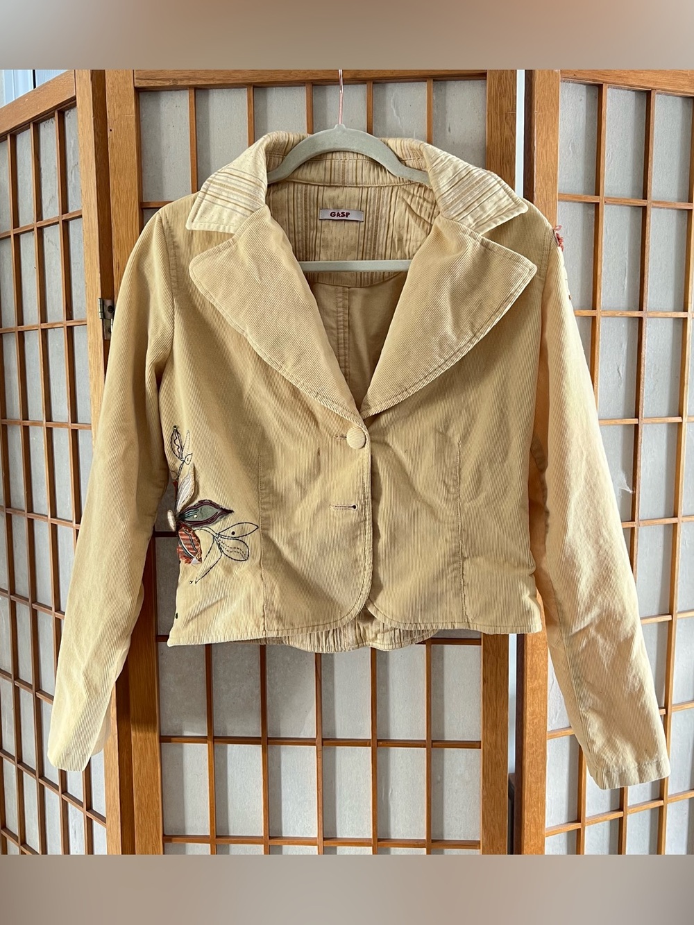 Vintage Y2K GASP Yellow Corduroy Cropped Blazer Jacket Floral Appliqué Bead S M